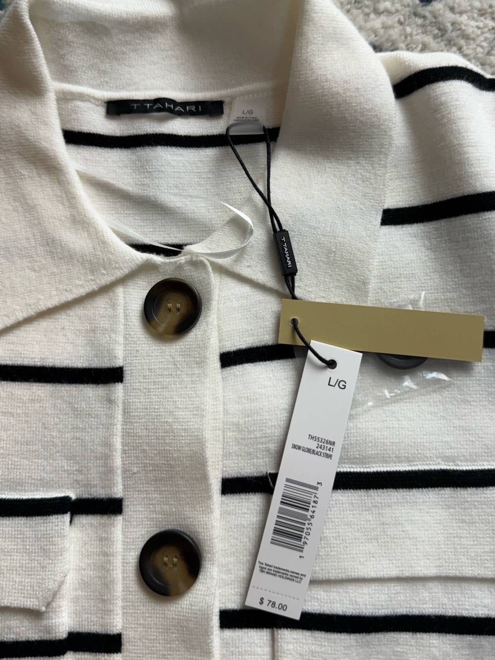 NWT T Tahari White & Black Striped Buttoned Knit Top - Picture 4 of 7
